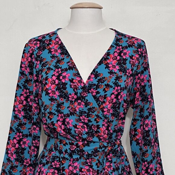 Cheztu Womens‎ Dress 12 Turquoise Blue Pink Floral Faux Wrap Ruffle Cottagecore - Picture 2 of 16